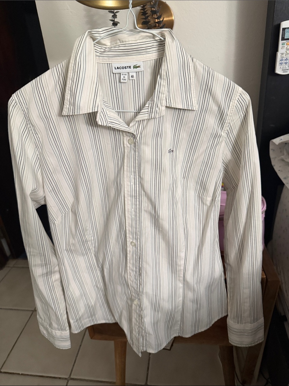 Lacoste White Button-Up Shirt with Navy Stripes